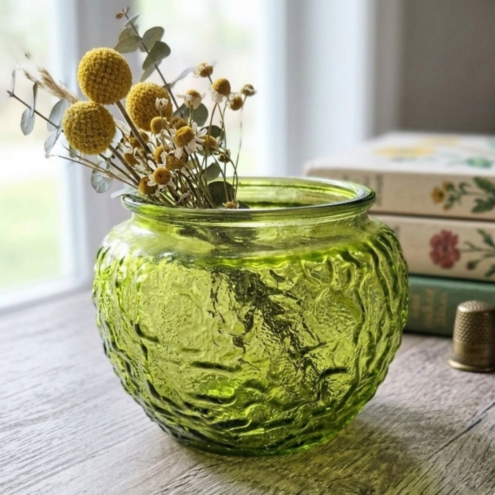 EO Brody 4.5" Avocado Green Textured Glass Planter Bowl 1970s Retro Mid Century
